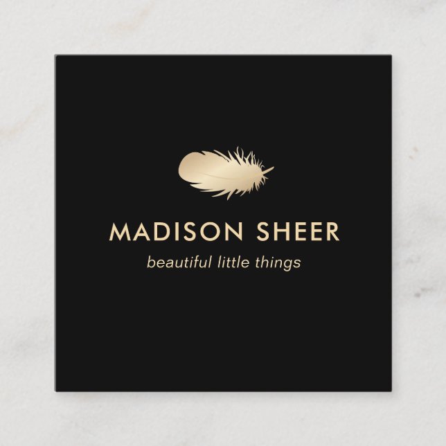 Black Stylish Gold Feather Square Business Card (Front)