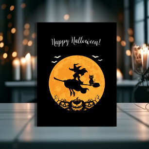 Black Stylish Halloween Witch & Pumpkin Print Postcard