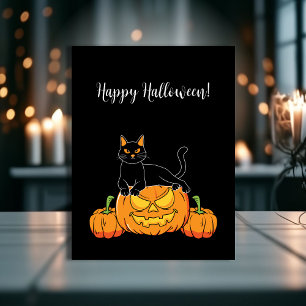 Black Stylish Happy Halloween Cat & Pumpkin Print Postcard
