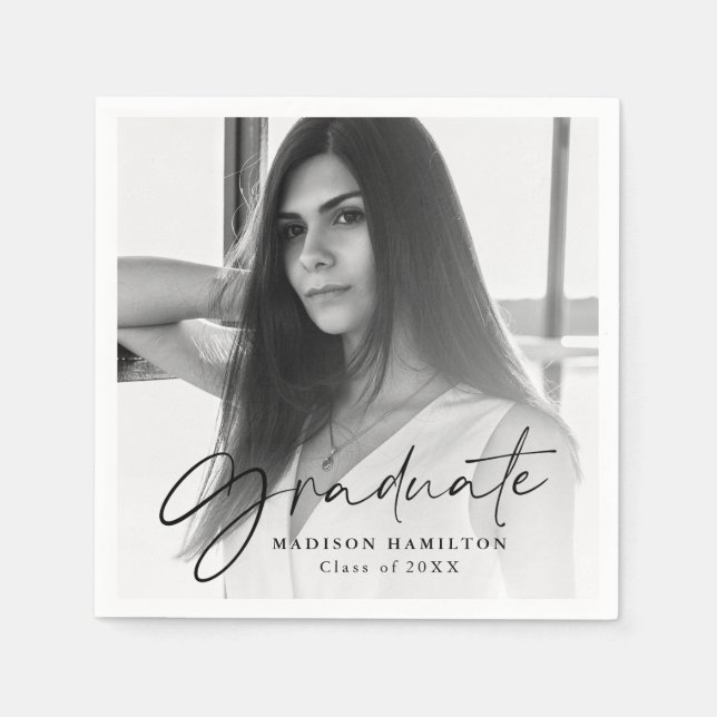 Black | Stylish Script Photo Graduation Napkin (Front)