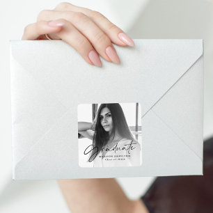 Black Stylish Script Photo Graduation Square Sticker