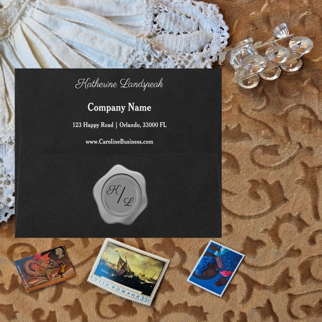 Black Suede & Silver Faux Wax Seal Business Envelope (Creator Uploaded)