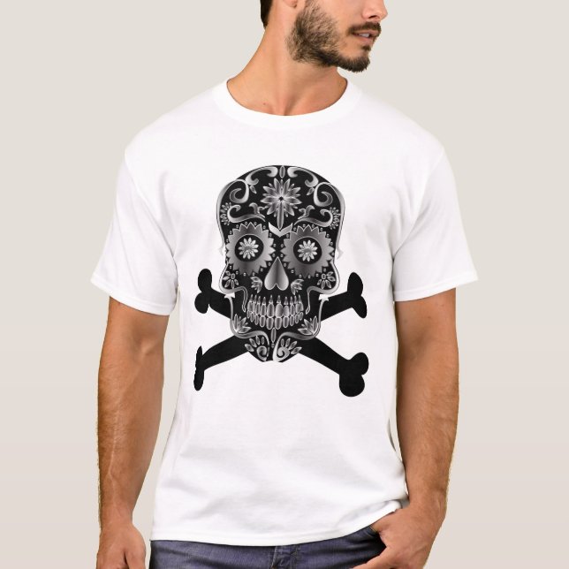 Black Sugar Skull Day Of The Dead Skull Crossbones T-Shirt (Front)