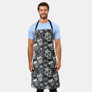 Black sugar skull floral ornamental pattern apron