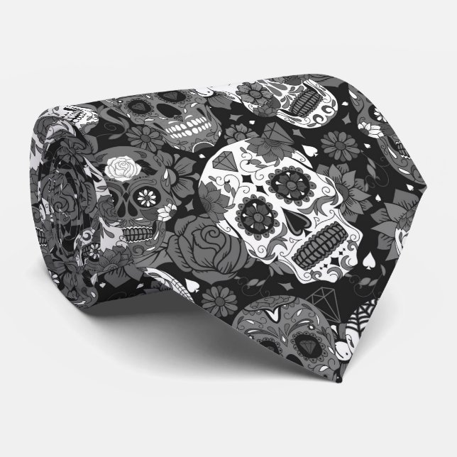 Black sugar skull floral ornamental pattern tie (Rolled)