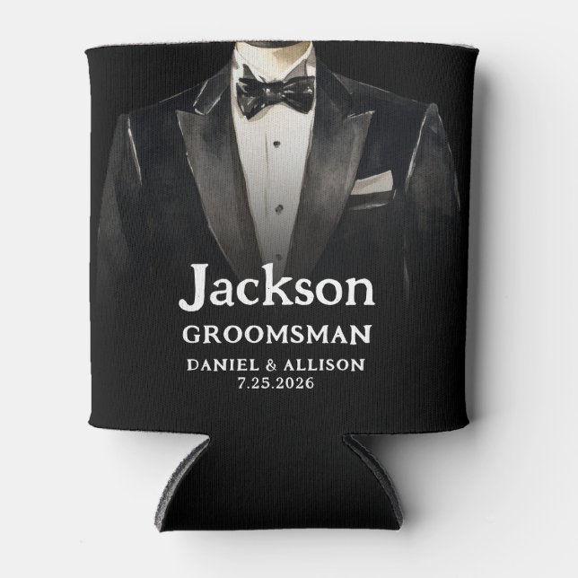Black Suit Groomsman Beer Can Coolers (Front)