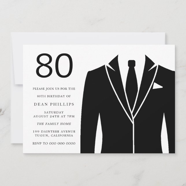 Black Suit & Tie 80th Birthday Party Invitation (Front)