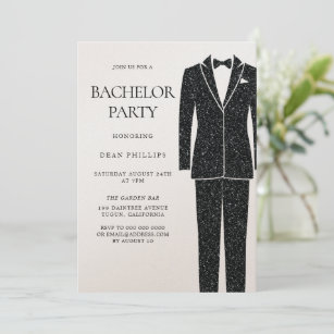 Black Suit & Tie Champagne Shimmer Bachelor Party Invitation