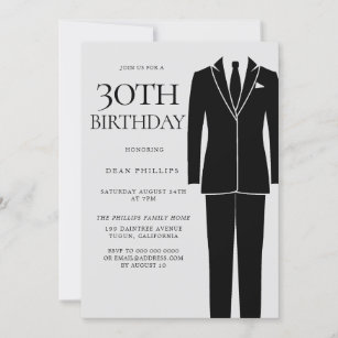 Black Suit & Tie Mens 30th Birthday Party Invitation