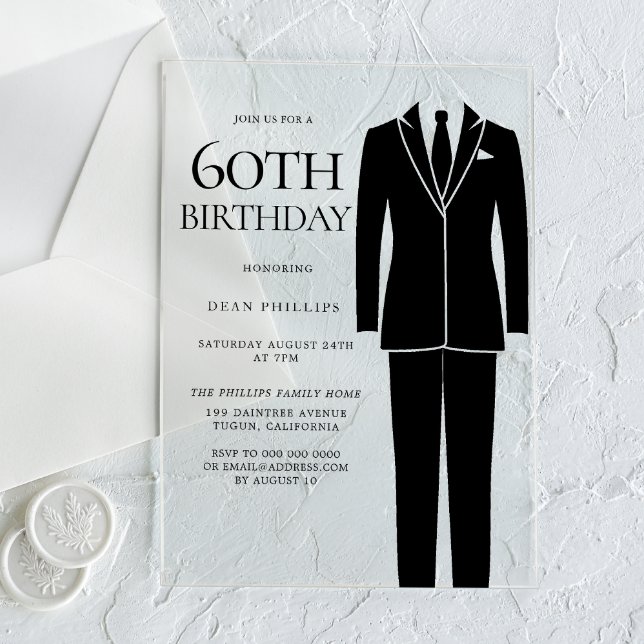 Black Suit & Tie Mens 60th Birthday Party Acrylic Invitations (Creator Uploaded)