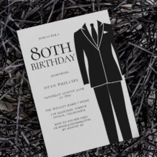 Black Suit & Tie Mens 80th Birthday Party Invitation
