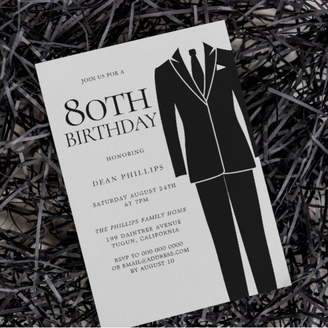 Black Suit & Tie Mens 80th Birthday Party Invitation (Creator Uploaded)