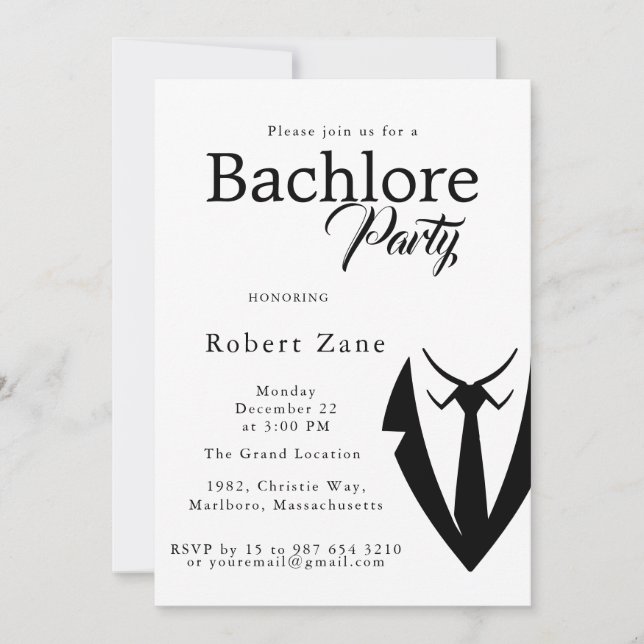 Black Suit & Tie Men's Bachelor Party Invitation (Front)