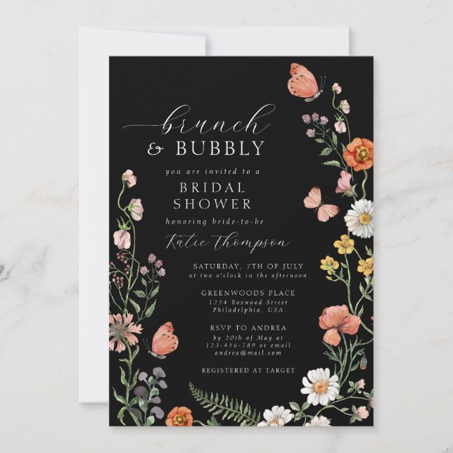 Black Summer Boho Wildflower Brunch Bridal Shower Invitation (Front)