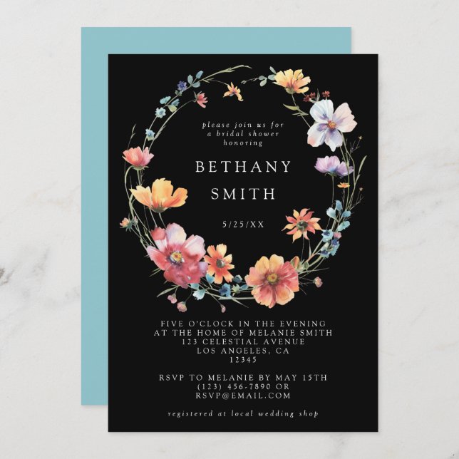 Black Summer Wildflower Bridal Shower Invitation (Front/Back)