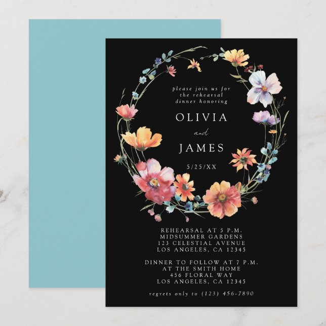 Black Summer Wildflower Rehearsal Dinner Invitation (Front/Back)