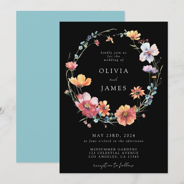 Black Summer Wildflower Wreath Wedding Invitation (Front/Back)