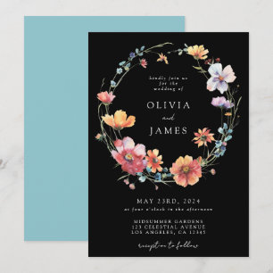 Black Summer Wildflower Wreath Wedding Invitation