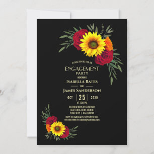 Black Sunflower Burgundy Rose Engagement Party Invitation