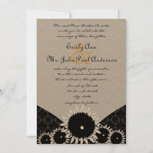 Black Sunflower Damask Wedding Invitations