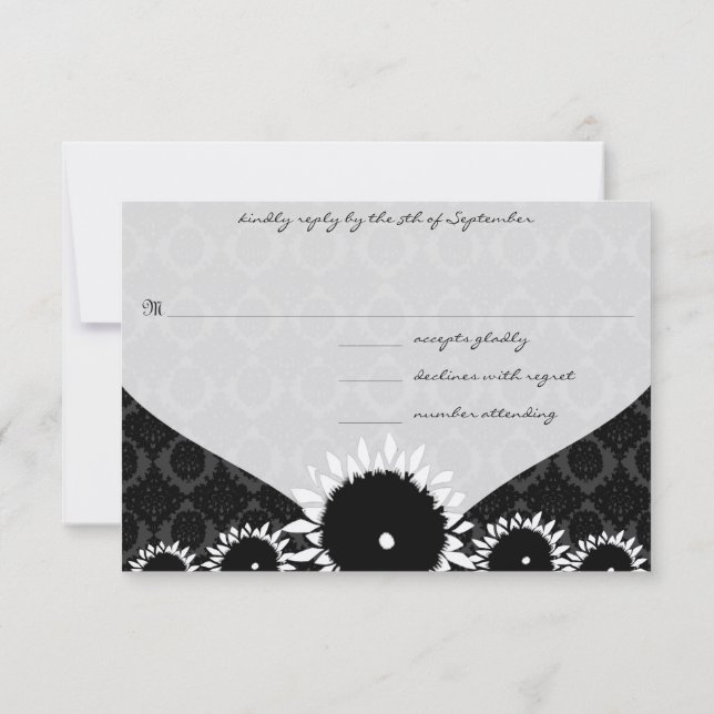 Black Sunflower Damask Wedding RSVP (Back)