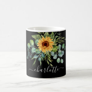 Black sunflower eucalyptus greenery name script coffee mug