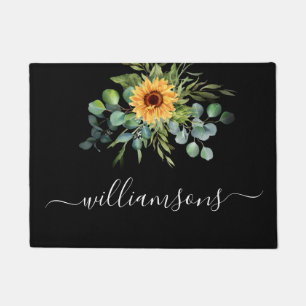 Black sunflower eucalyptus greenery name script doormat