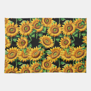 Black Sunflower Floral Cottagecore Pattern Tea Towel