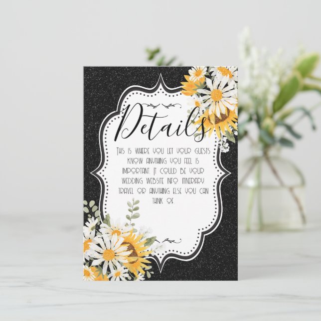 Black Sunflowers Daisy Glitter Summer Wedding Enclosure Card (Standing Front)