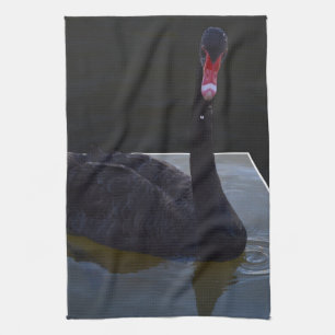 Black Swan Swimming In Dimensional Pond, Tea Towel