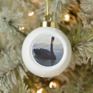 Black Swan Swimming On The River, Ceramic Ball Christmas Ornament