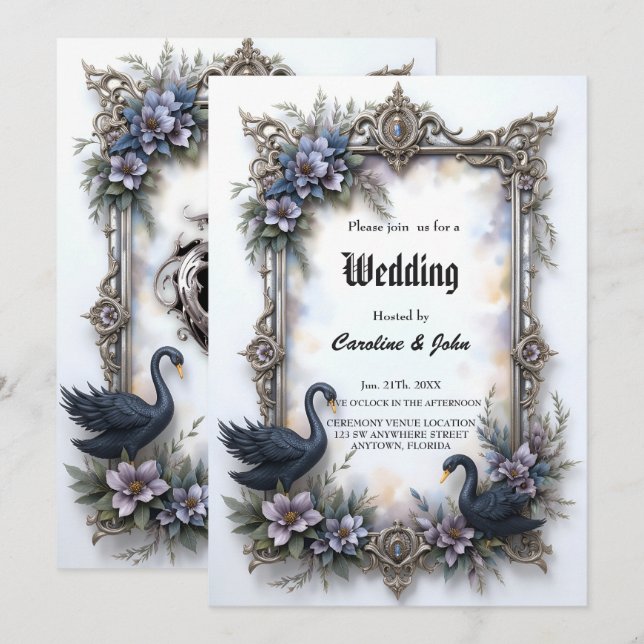 Black Swan Wedding Frame Gothic Romance Love  Invitation (Front/Back)