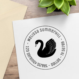 Black Swan Wings up Round Address Rubber Stamp