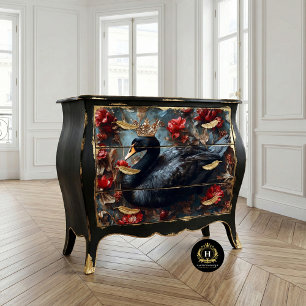 Black Swan with Golden Crown Red Florals Decoupage Tissue Paper