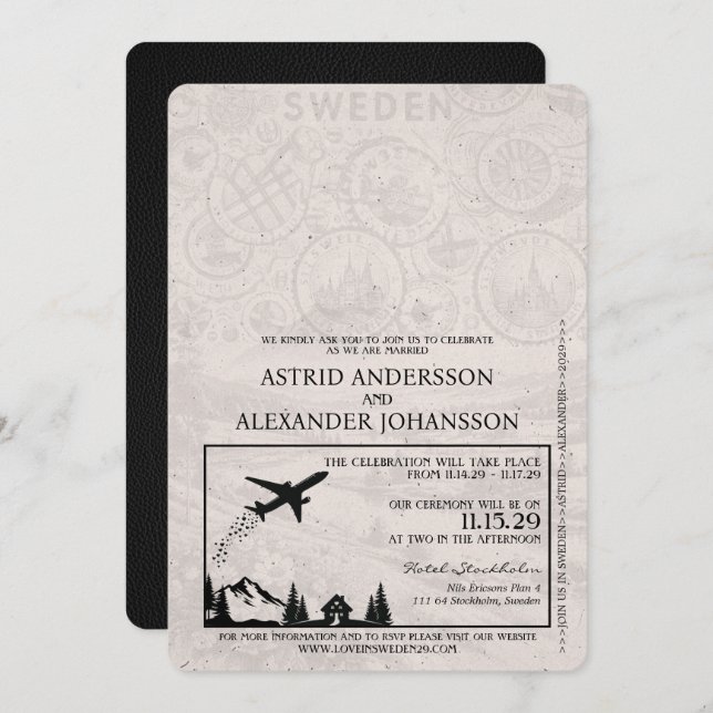 Black Sweden Passport Wedding Invitation (Front/Back)
