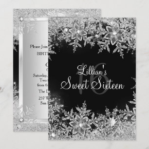 Black Sweet 16 Diamond Snowflake Winter Wonderland Invitation