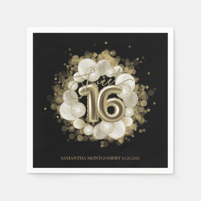 Black Sweet 16 Gold Watercolor Balloons Napkin (Front)
