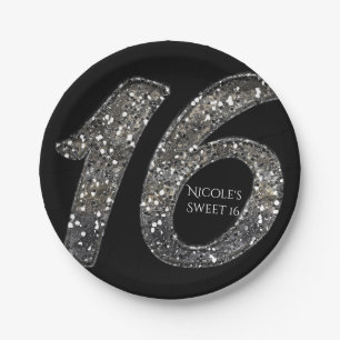 Black Sweet 16 Silver Glitter Glam Birthday Party Paper Plate