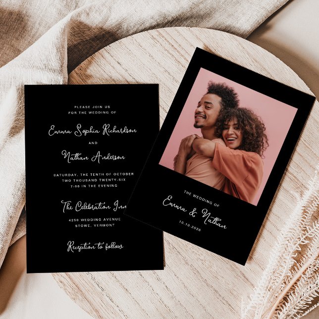 Black Sweet and Whimsical | Simple Photo Wedding Invitation (An elegant, dark black wedding invitation with your photo and white vintage style script)