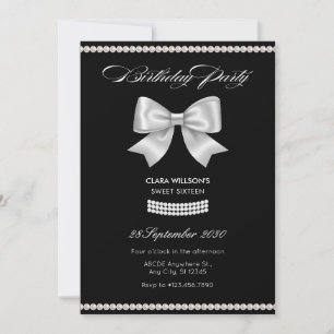 Black sweet bow pearl birthday invitation