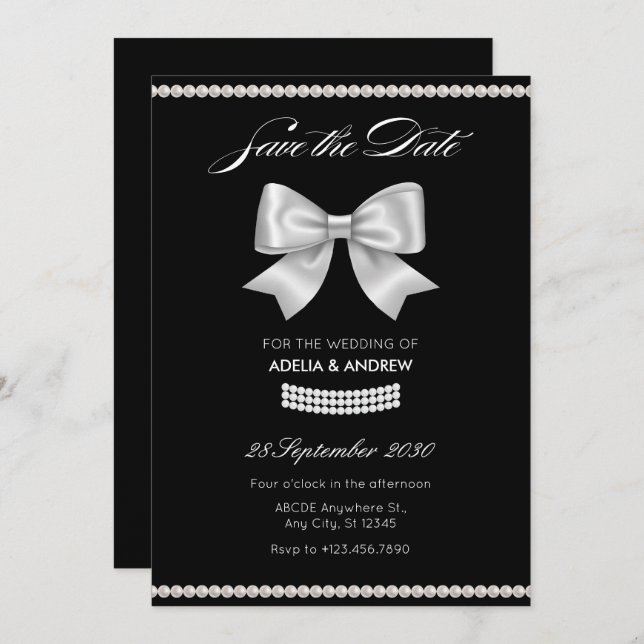 Black sweet bow pearl wedding save the date (Front/Back)