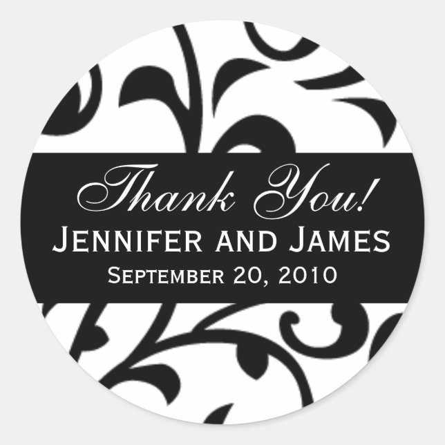 Black Swirl Damask Wedding Thank You Labels (Front)