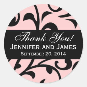 Black Swirl Damask Wedding Thank You Labels Pink