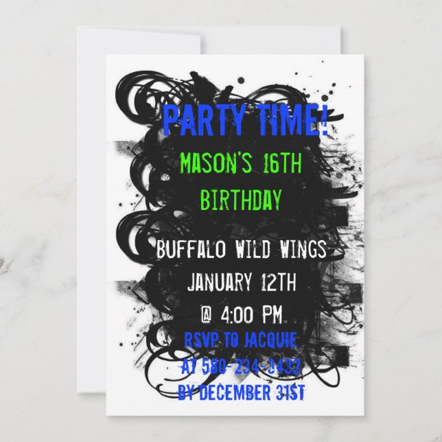 Black Swirl Grunge, Party Time!, Mason's 16th B... Invitation (Front)