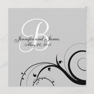 Black Swirl Monogram B Grey Wedding Invitations
