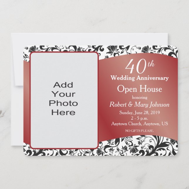 Black Swirl & Ruby 40th Wedding Anniversary Invitation (Front)