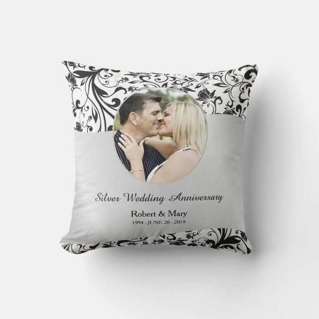 Black Swirl & Silver 25th Wedding Anniversary Cushion (Front)