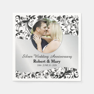 Black Swirl & Silver Wedding Anniversary Photo Napkin