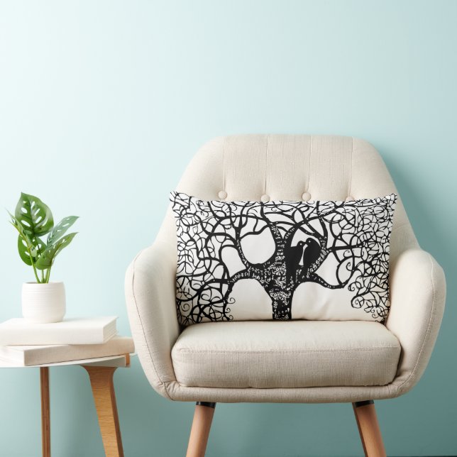 Black Swirl Tree Love Bird Choose Background Colou Lumbar Cushion (Chair)