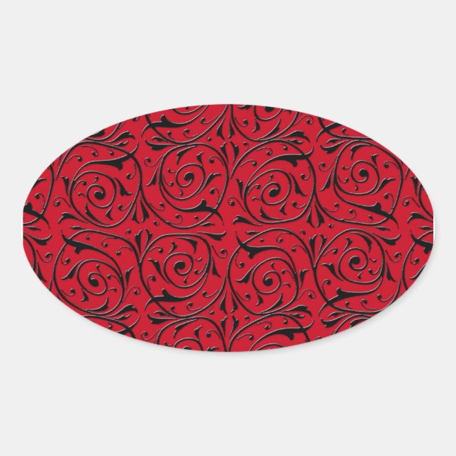 Black Swirling Vines on Red Oval Sticker (Front)